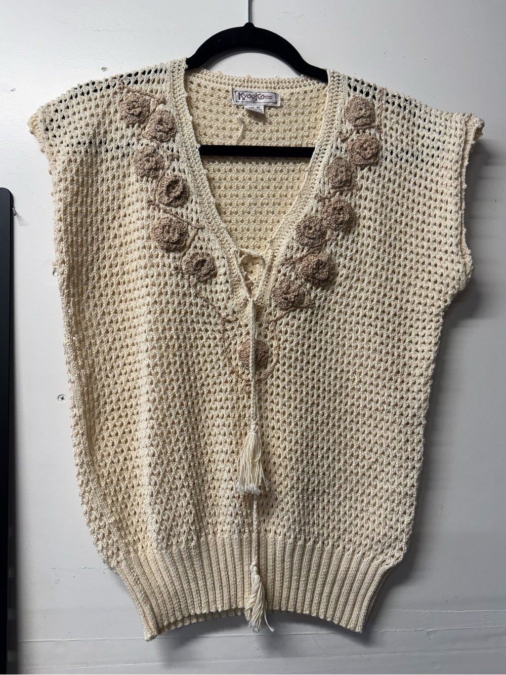 Cream Crochet Floral Tie-Front Sweater Vest